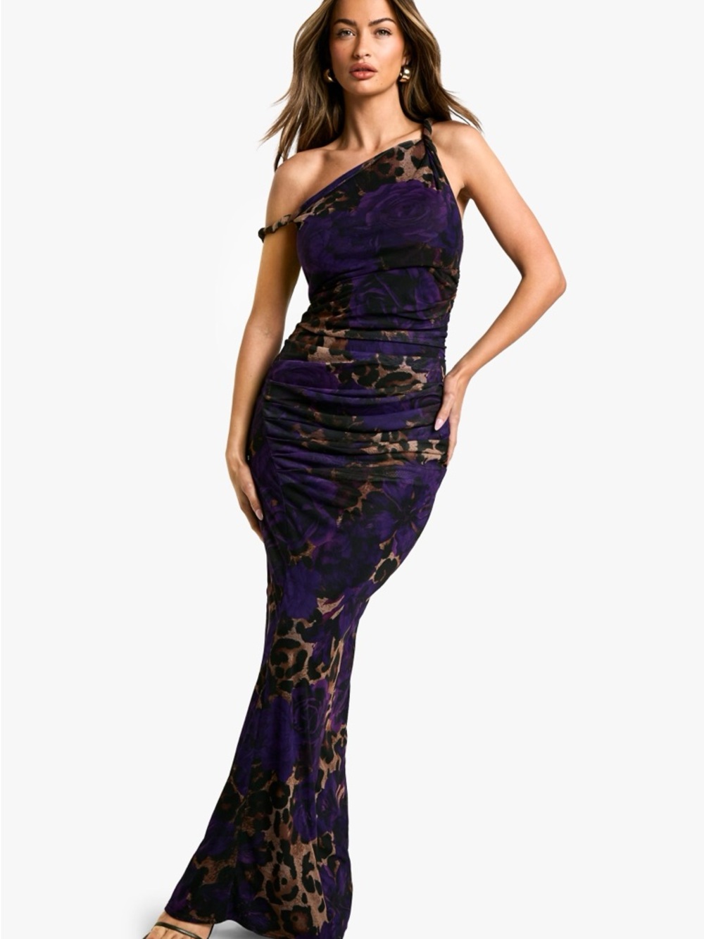 Boohoo One-Shoulder Purple Floral & Leopard Print Maxi Dress